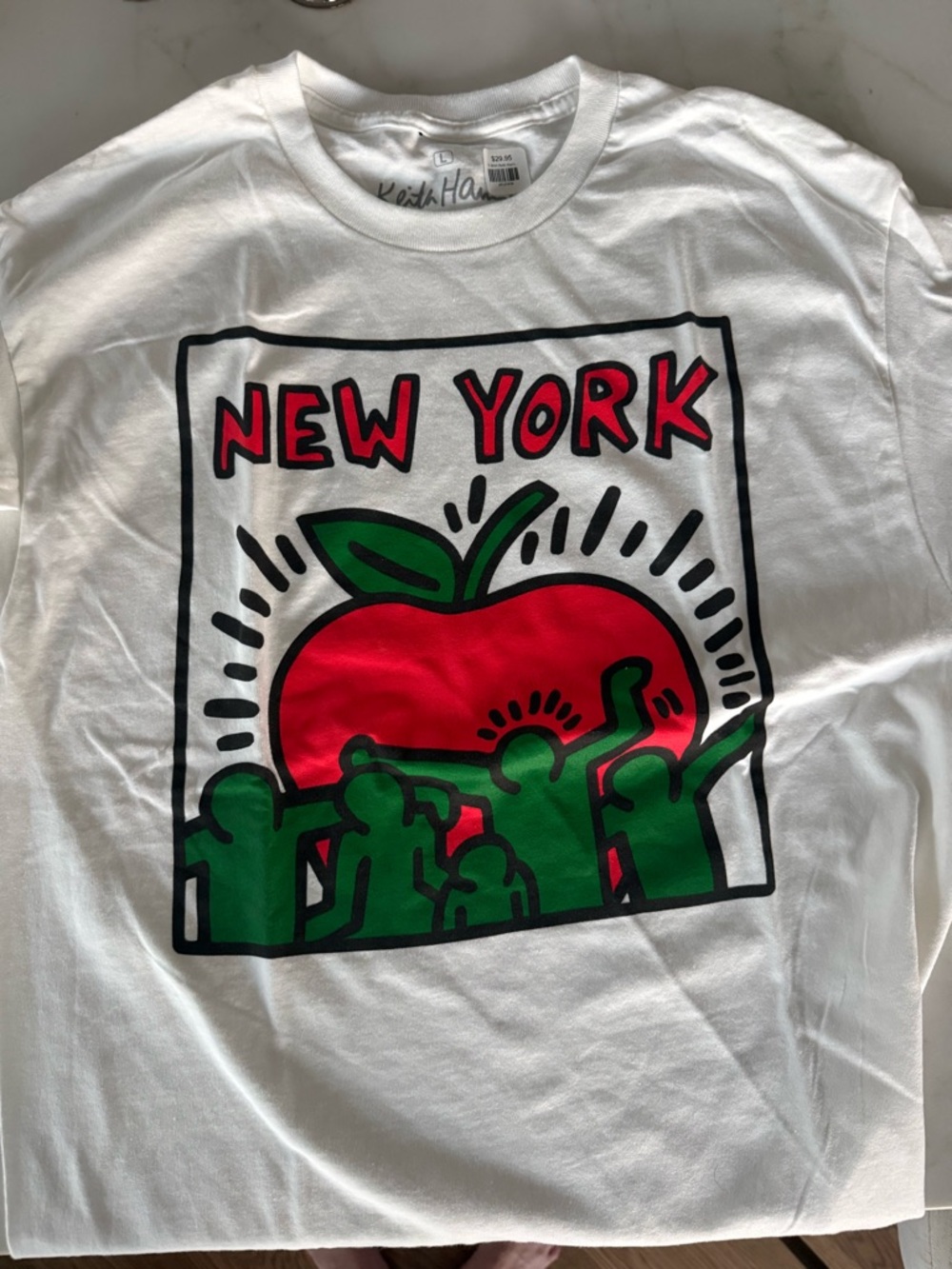 Keith Harring New York Graphic Tee with Red Apple and Green Figures